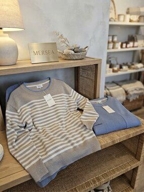 MERSEA Taupe & White Striped Crewneck Sweater
